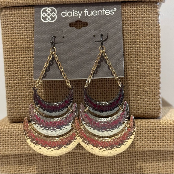 NWT Daisy Fuentes Earrings big tri-color triple crescent hammered dangles - Picture 3 of 6